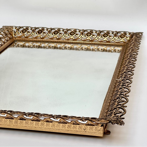 Vintage Gold Ornate Filigree Vanity Mirror Tray with Floral Border - Picture 3 of 15